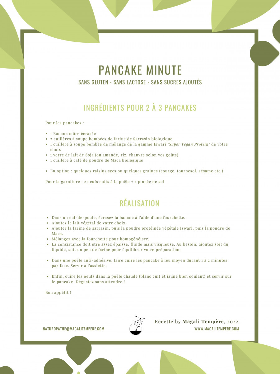 Recette de pancake minute sans gluten, sans lactose, sans sucres ajoutés